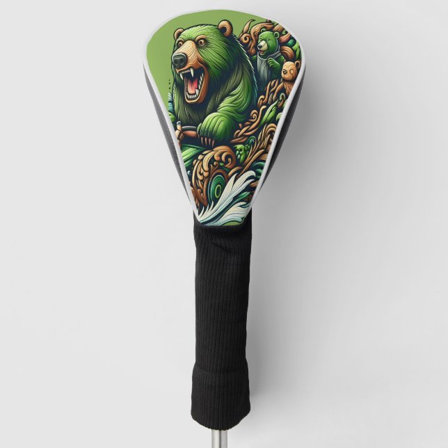 Animated Bears Riding a Green Car  Golf Head Cover (Front)