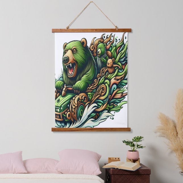 Animated Bears Riding a Green Car  Hanging Tapestry (Bedroom)