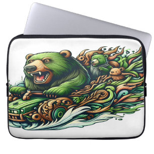 Animated Bears Riding a Green Car Laptop Sleeve