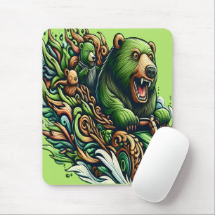 Animated Bears Riding a Green Car Mouse Pad
