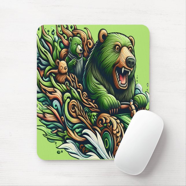 Animated Bears Riding a Green Car  Mouse Pad (With Mouse)