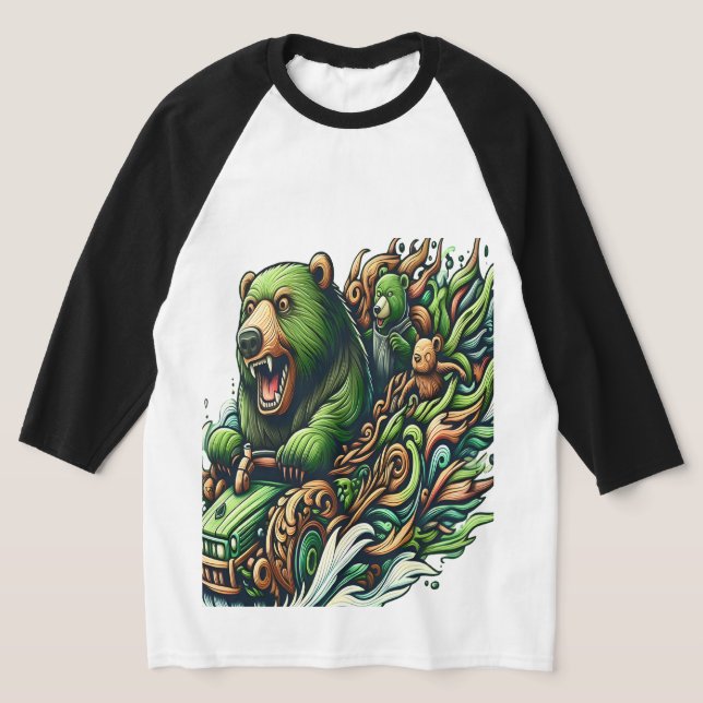 Animated Bears Riding a Green Car  T-Shirt (Laydown)