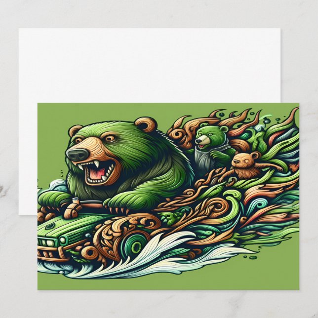 Animated Bears Riding a Green Car  Thank You Card (Front/Back)