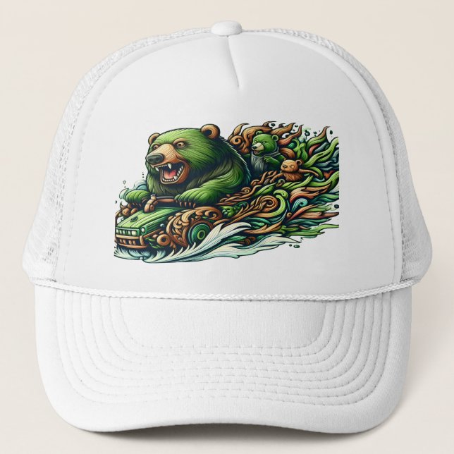 Animated Bears Riding a Green Car  Trucker Hat (Front)
