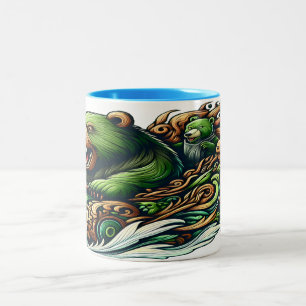 Animated Bears Riding a Green Car  Two-Tone Coffee Mug