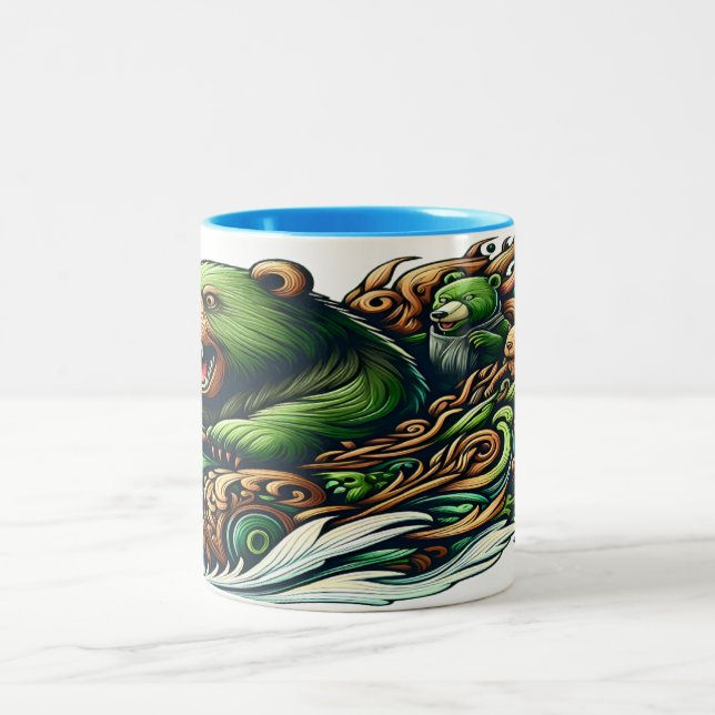 Animated Bears Riding a Green Car  Two-Tone Coffee Mug (Center)