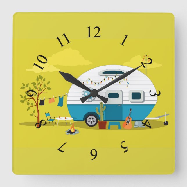 Animated Camper Trailer Square Wall Clock (Front)