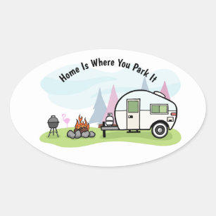 Animated camping trailer oval sticker