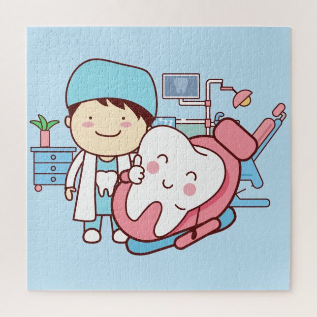 Animated dentist with tooth jigsaw puzzle (Vertical)