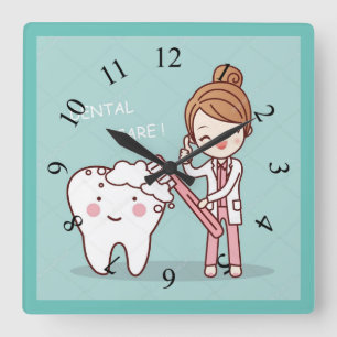 Animated Dentist with Tooth Square Wall Clock