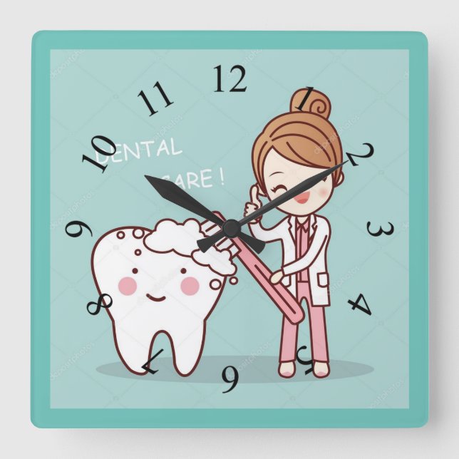 Animated Dentist with Tooth Square Wall Clock (Front)