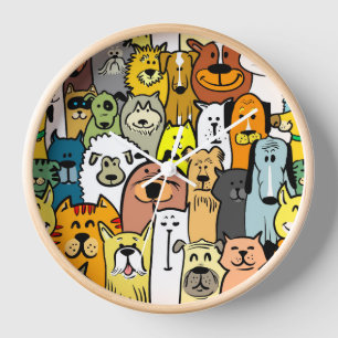 Animated Dogs and Cats illustrations round clock