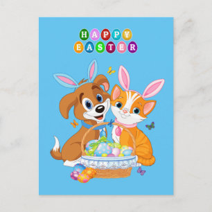 Animated Easter dog and cat background Postcard