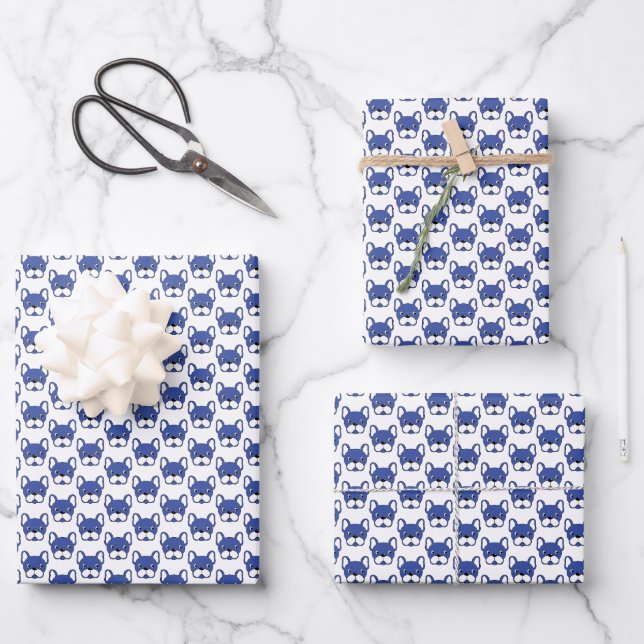 Animated French Bulldog Blue Patterned Design Wrapping Paper Sheet (Front)