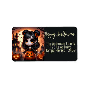 Animated Girl, Haunted House and Pumpkins Label