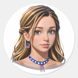 Animated Girl with American-themed Accessories Classic Round Sticker