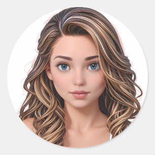 Animated Girl with Wavy Highlighted Hair Classic Round Sticker