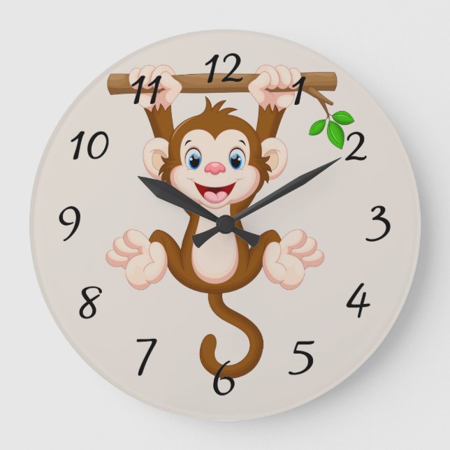 Animated Monkey hanging on branch Large Clock (Front)