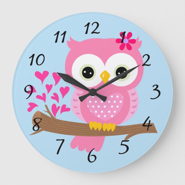 Animated Pink Owl Large Clock (Front)