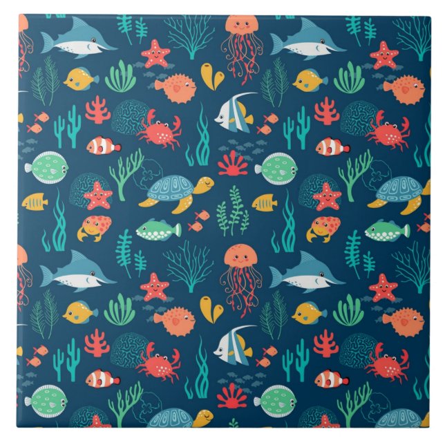 Animated Sea Life background patterns Ceramic Tile (Front)