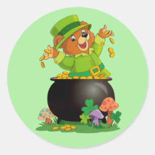 Animated St. Patrick's Day Bear with pot of gold Classic Round Sticker