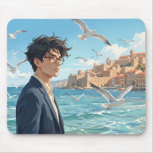 Anime Aesthetic Bright Blue Coastal Town Mouse Pad