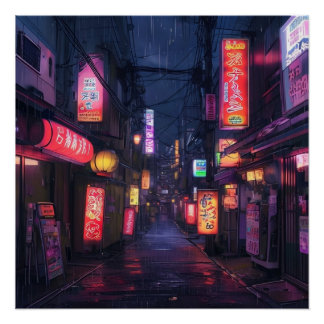 Anime Aesthetic City Street at Night Neon Sign