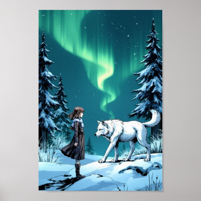 Anime Arctic Wolf Aurora Wall Art (Front)