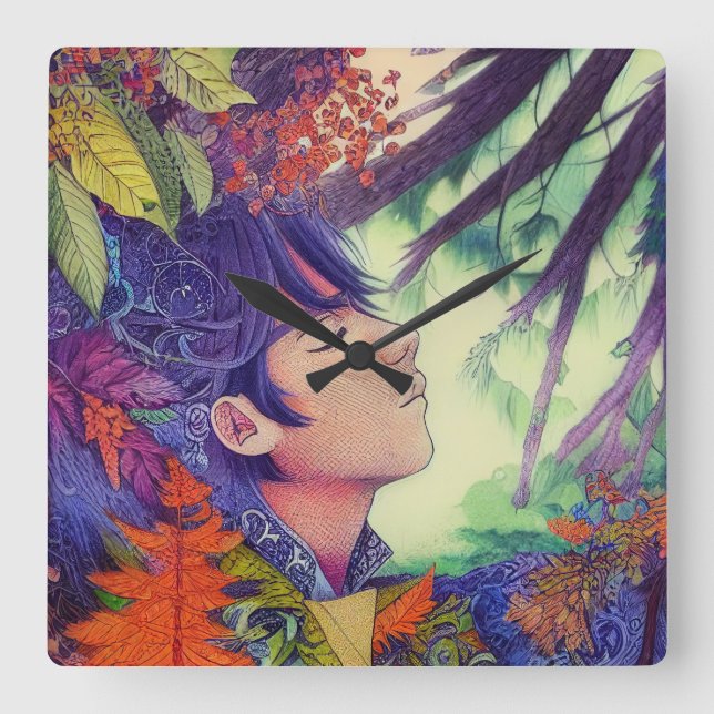 Anime Artwork Male Forest - Japan Manga Style Square Wall Clock (Front)