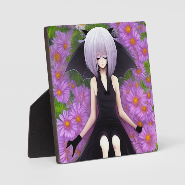 Anime Bat Girl in Pink Floral Garden Plaque (Front)