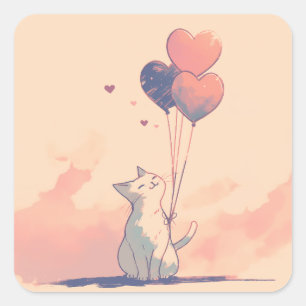 Anime Black Cat with Heart Shaped Balloons  Square Sticker