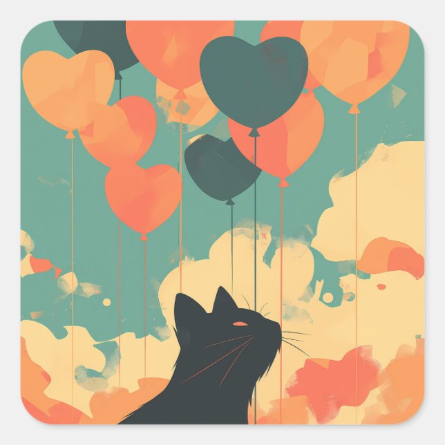 Anime Black Cat with Heart Shaped Balloons  Square Sticker (Front)