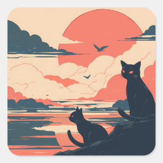 Anime Black Cats at Sunset – Japanese Style Square Sticker
