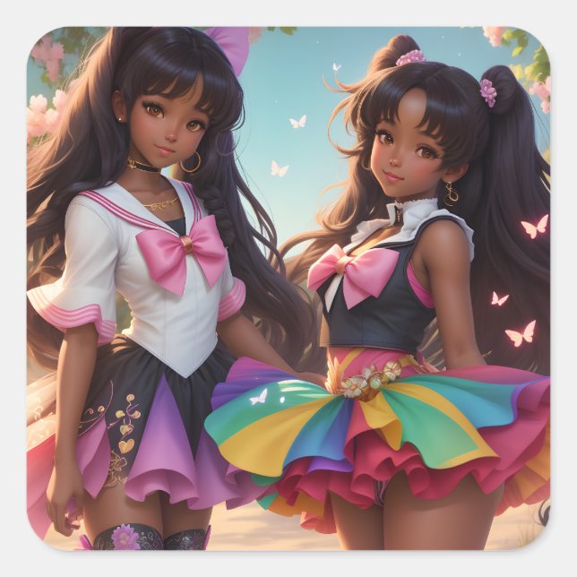 Anime Black Girls Rainbow Animecore Square Sticker (Front)