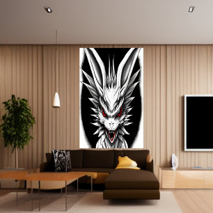 Anime black, white and red dragon   AI Art Poster