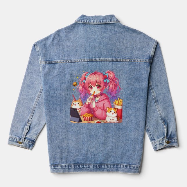 Anime Bliss: Girl, Potatoes, and Pet Denim Jacket (Back)