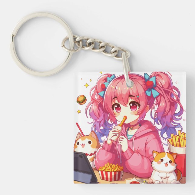 Anime Bliss: Girl, Potatoes, and Pet Key Ring (Front)