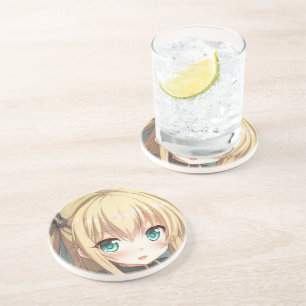 Anime blonde-haired girl emerald green eyes coaster