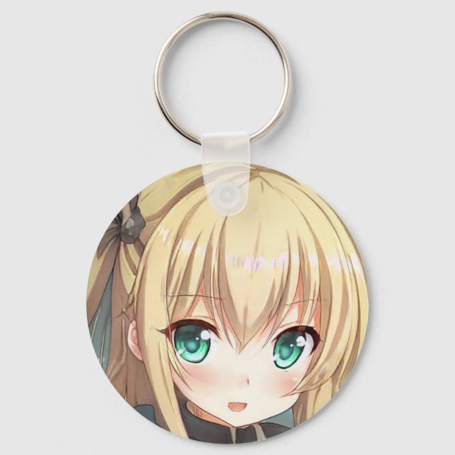 Anime blonde-haired girl emerald green eyes key ring (Front)