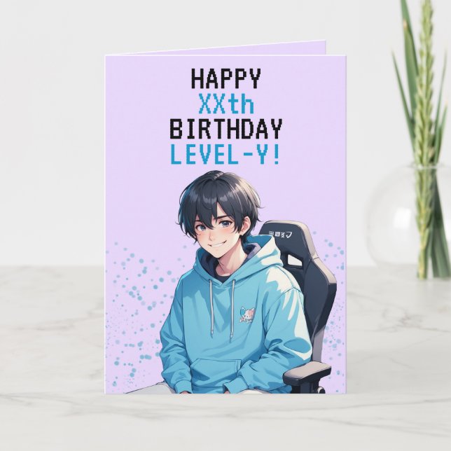 Anime Blue & Purple Gamer Personalised Birthday Card (Front)