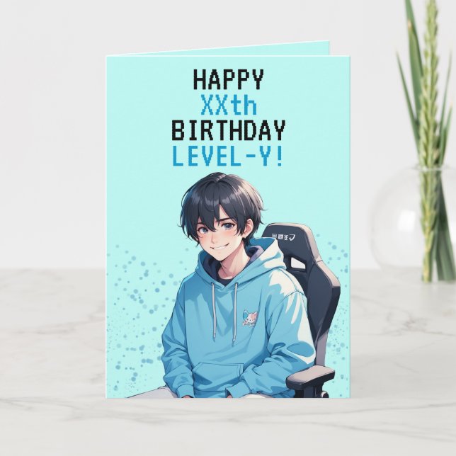 Anime Blue & Teal Gamer Personalised Birthday Card (Front)
