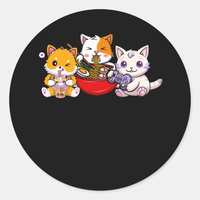 Anime Boba Tea Bubble Tea Gaming Gamer Ramen Cat J Classic Round Sticker (Front)