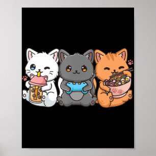 Anime Boba Tea Bubble Tea Gaming Gamer Ramen Cat  Poster