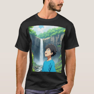Anime Boy Admiring Waterfall in a Beautiful Nature T-Shirt