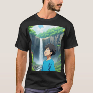 Anime Boy Admiring Waterfall in a Beautiful Nature T-Shirt