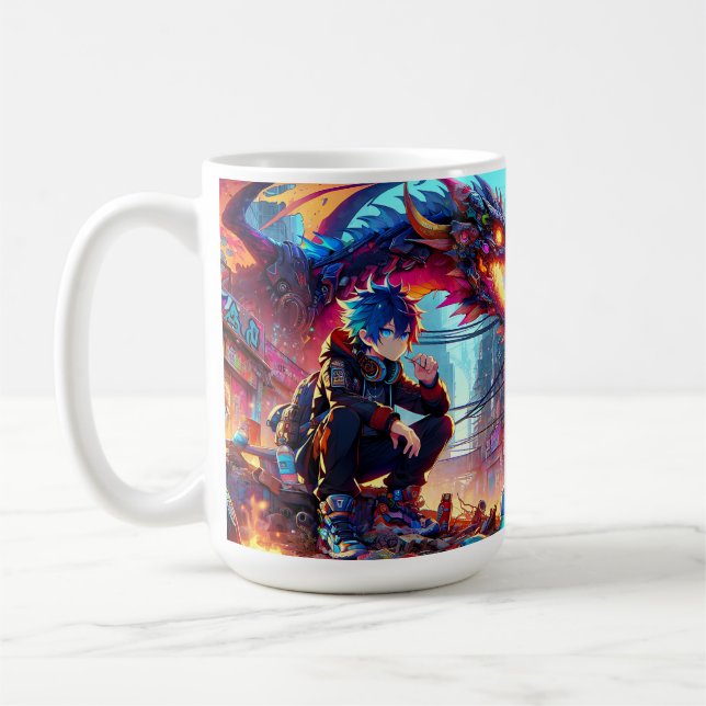 Anime Boy and Dragon in a Dystopian World Coffee Mug (Left)