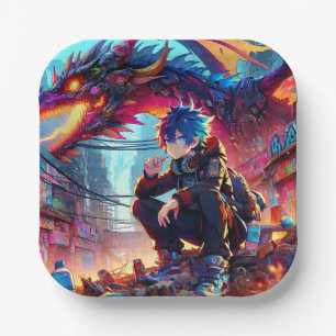 Anime Boy and Dragon in a Dystopian World Paper Plate