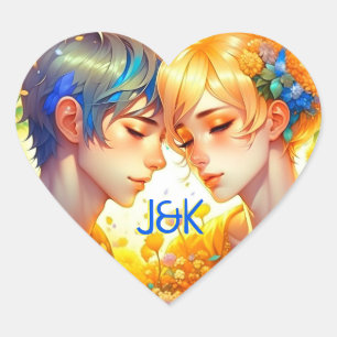 Anime Boy and Girl Floral Couple Personalised Heart Sticker
