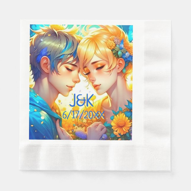 Anime Boy and Girl Floral Couple Personalised Napkin (Front)
