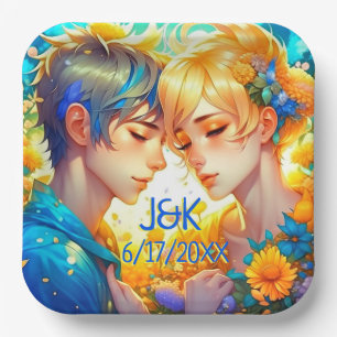 Anime Boy and Girl Floral Couple Personalised Paper Plate